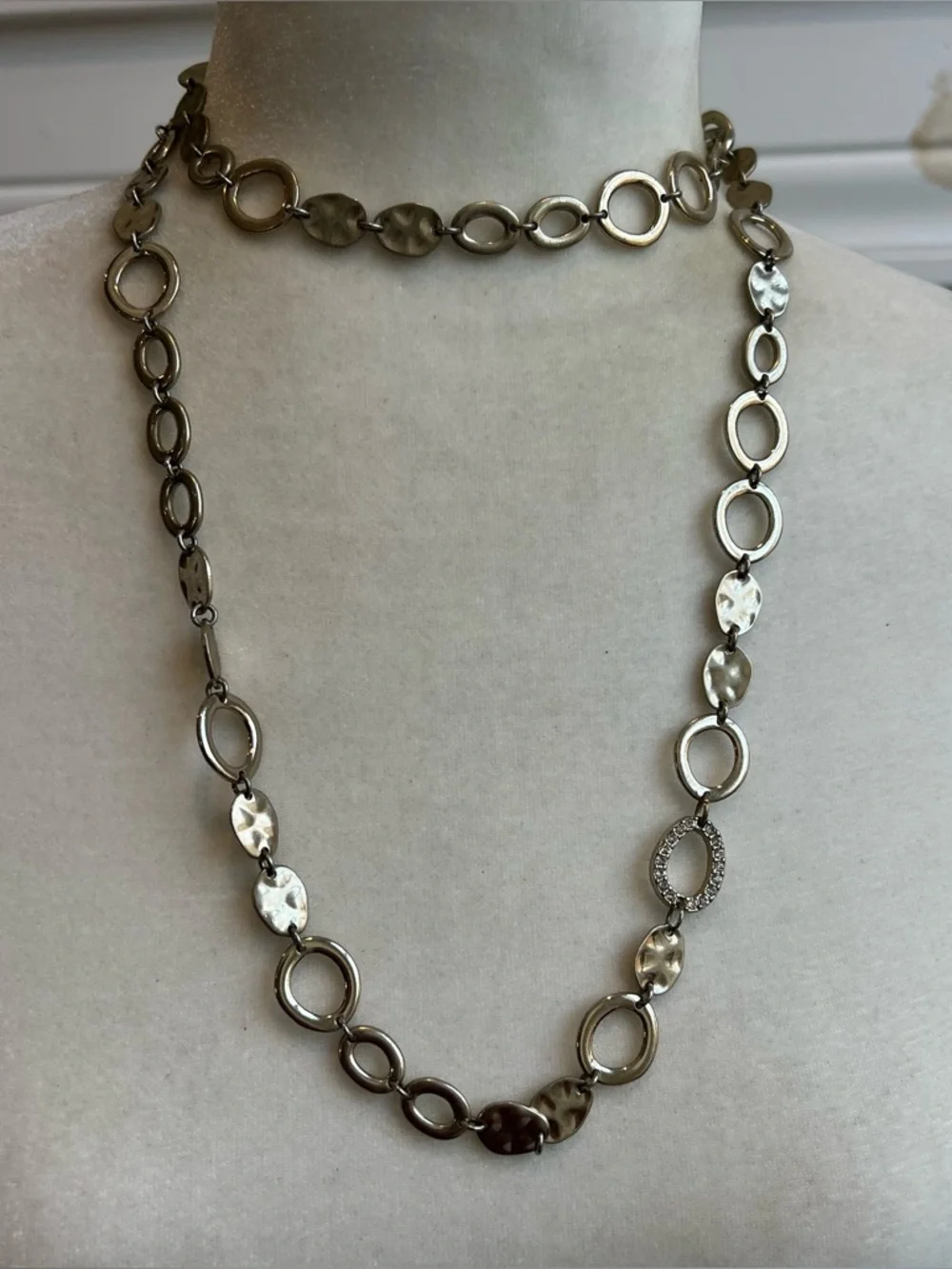 Light Gold-Tone Hammered Link Long Necklace with Pavé Accent Can be Doubled